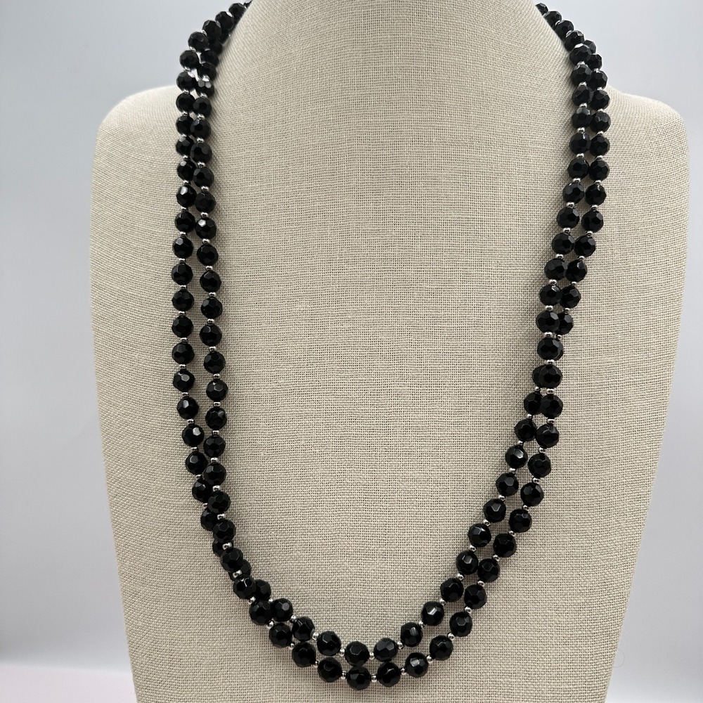 Vintage 90s Double Strand Black Glass Beaded Necklace Silver Tone Retro